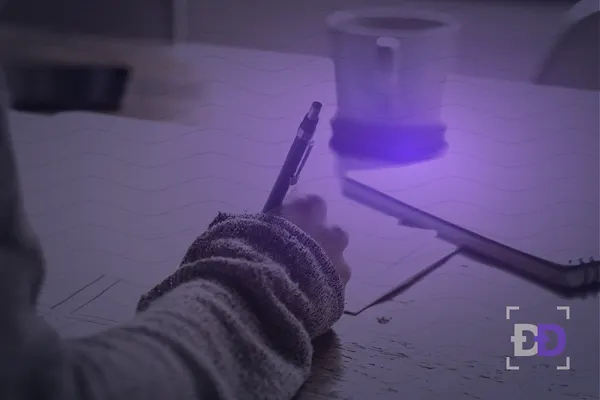 A designer sketches wireframes on paper at a wooden desk with a coffee mug.